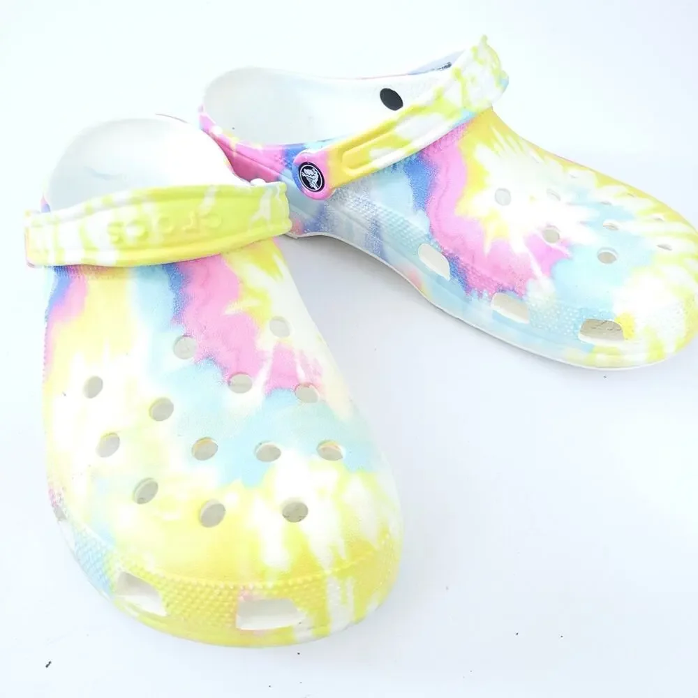 Crocs Tie Dye Clogs Men Size 11 Pastel, Pink Yellow Blue Shoes Slip On Comfort